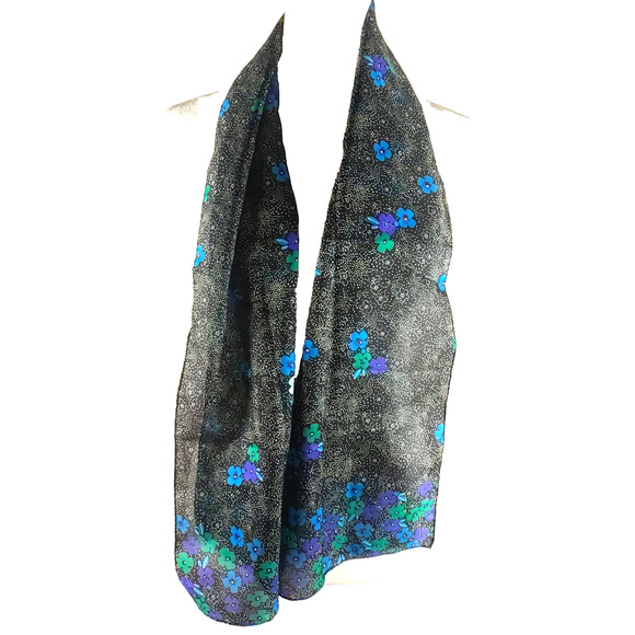 Sarah Coventry Rectangle Scarf 10" X 52" Black Dots Blue Flowers - Picture 5 of 8